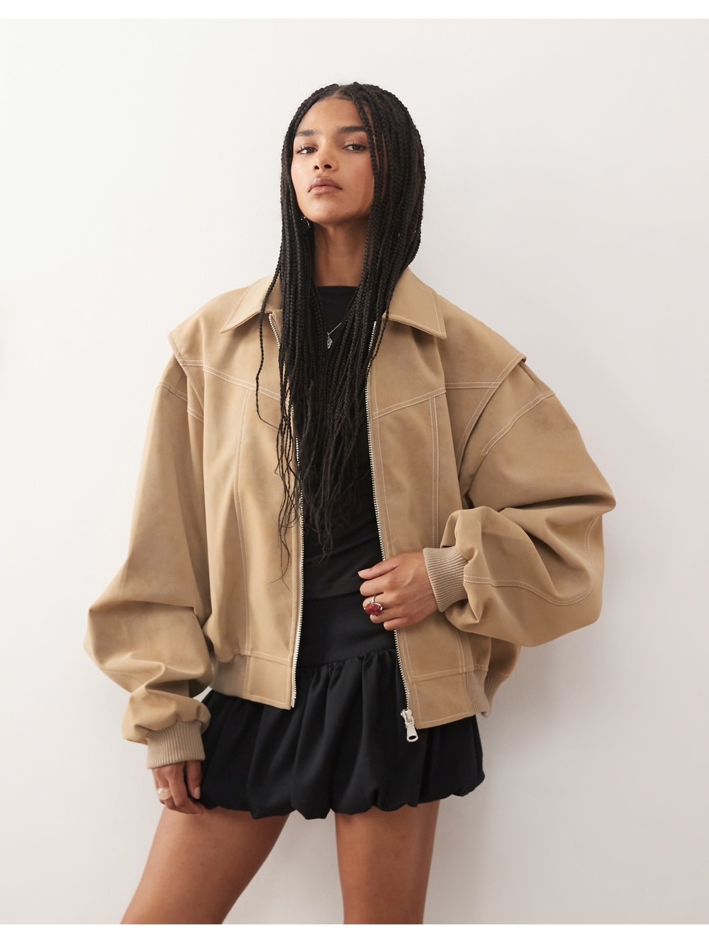 Lioness Exclusive Vista leather look contrast stitch bomber jacket in taupe